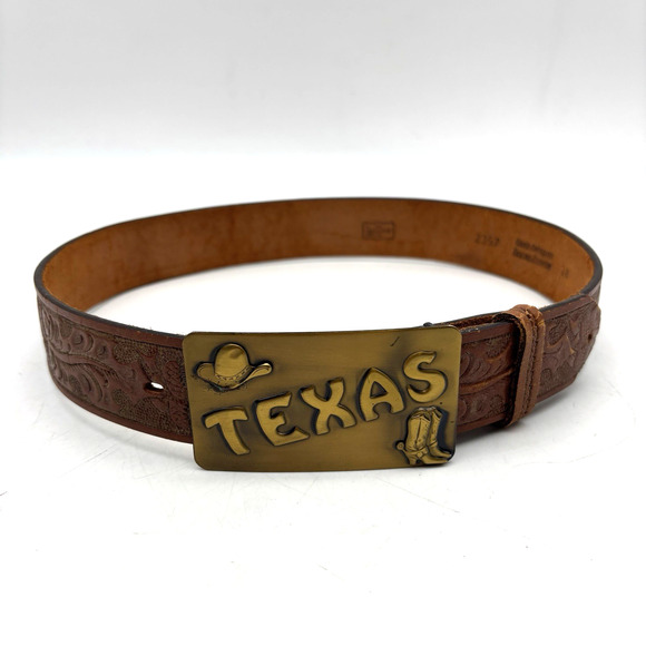 Vintage 70s Lyntone 2357 Brown Acorn Tooled TEXAS Solid Brass Buckle Belt 26-29\